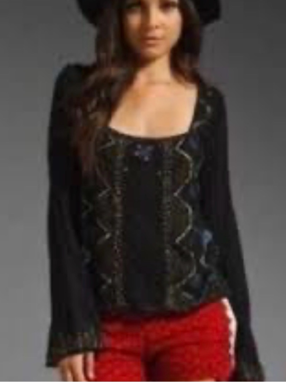 Free People Black Beaded Bell Sleeve Boho Blouse Top Square Neck Sz XS
